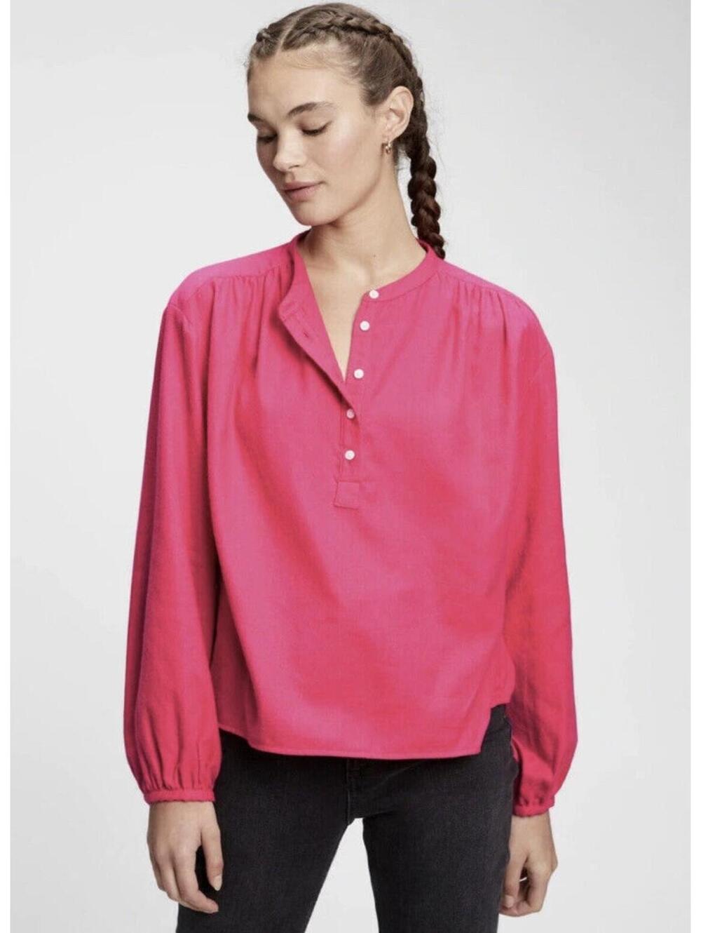 Gap Women's Hot Pink Long Sleeve Cotton Popover Henley Shirt Top Large